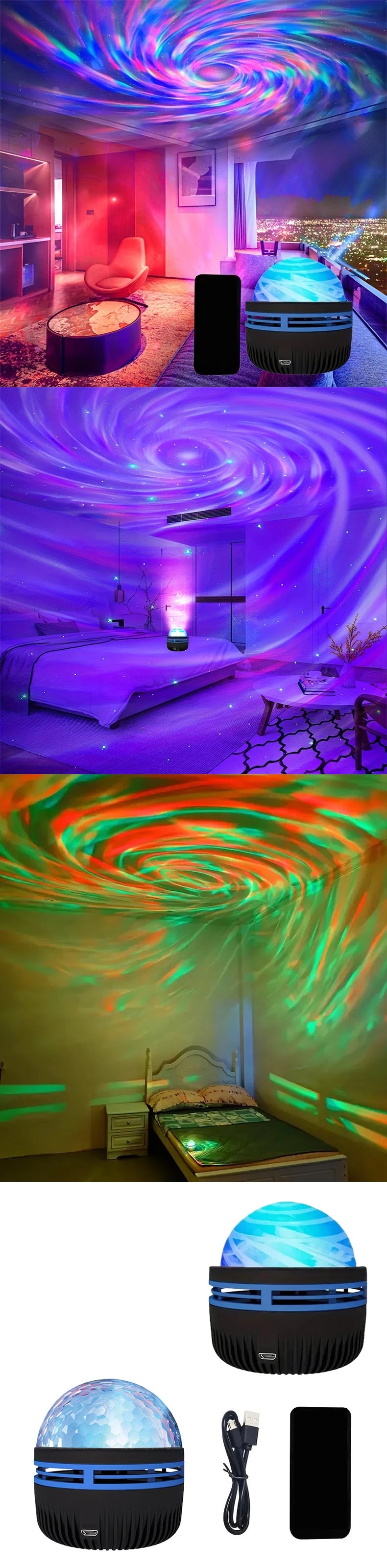 Star Projector USB 5V Aurora Galaxy Night Light 360° Rotating with Remote Control Ocean Wave Northern Light Bedroom Party KTV