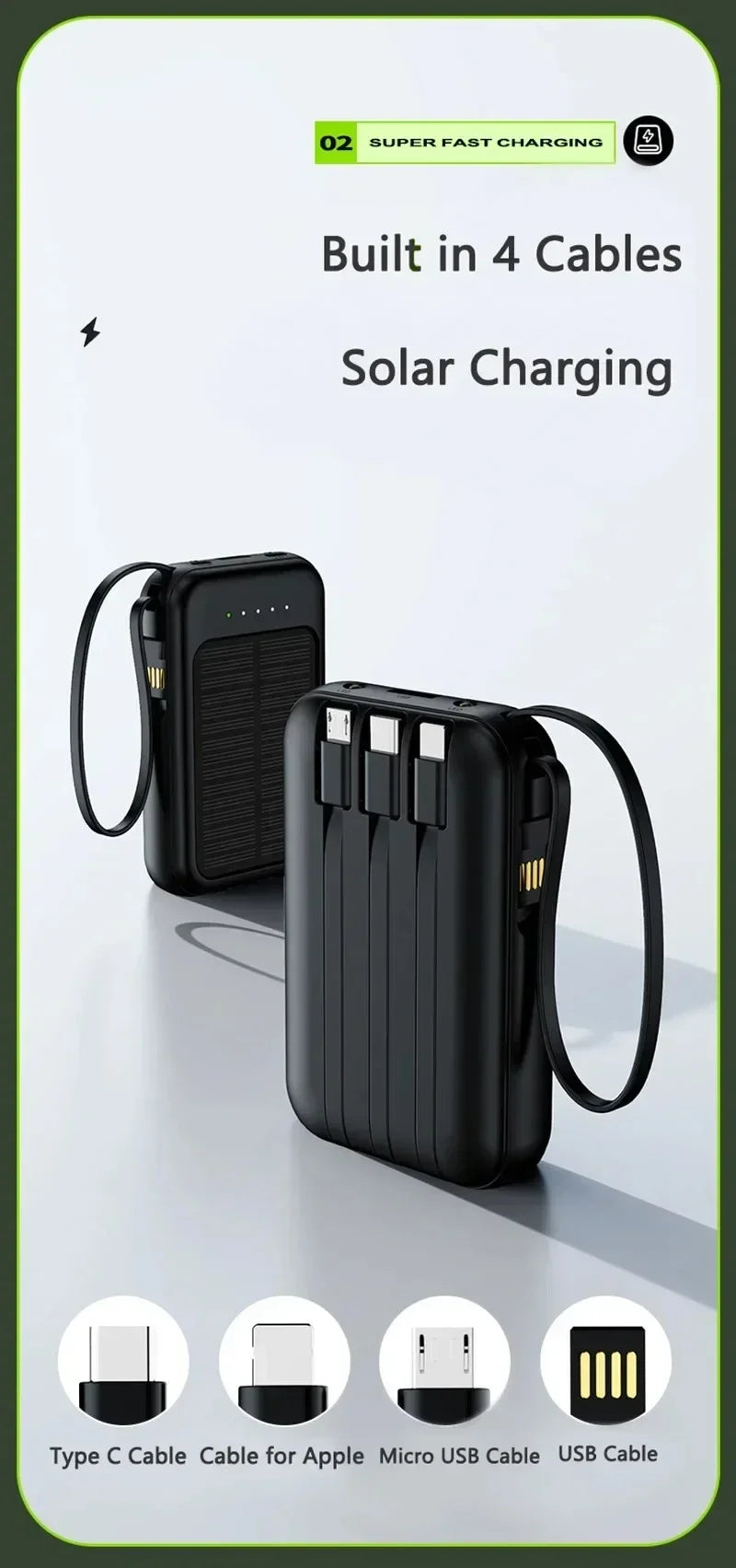 Solar Power Bank 50000mah Built-in Cable Solar Charger 2 USB Ports External Charger Power Bank with LED Light power bank New
