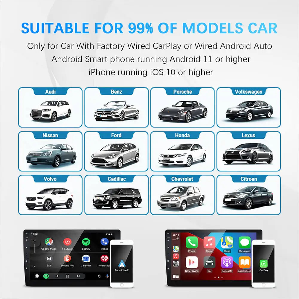 2in1 Wired to Wireless CarPlay Android Auto Adapter for OEM Car Stereo With USB Plug and Play