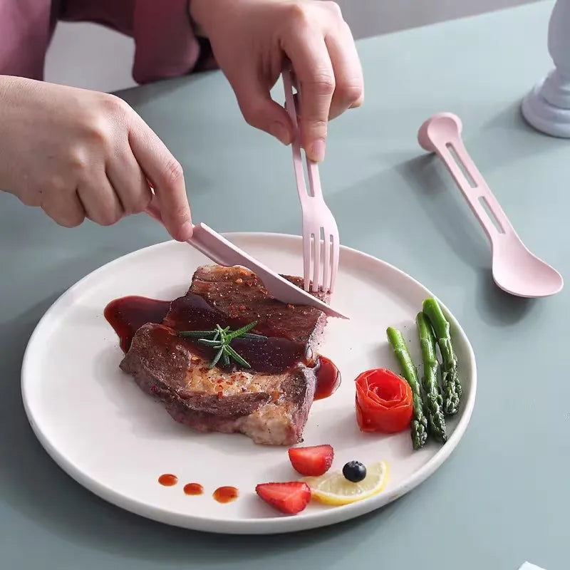 Camping 3PCS Portable Tableware Set Wheat Straw Dinnerware Detachable Cutlery Travel Tableware Picnic Dinnerware Set