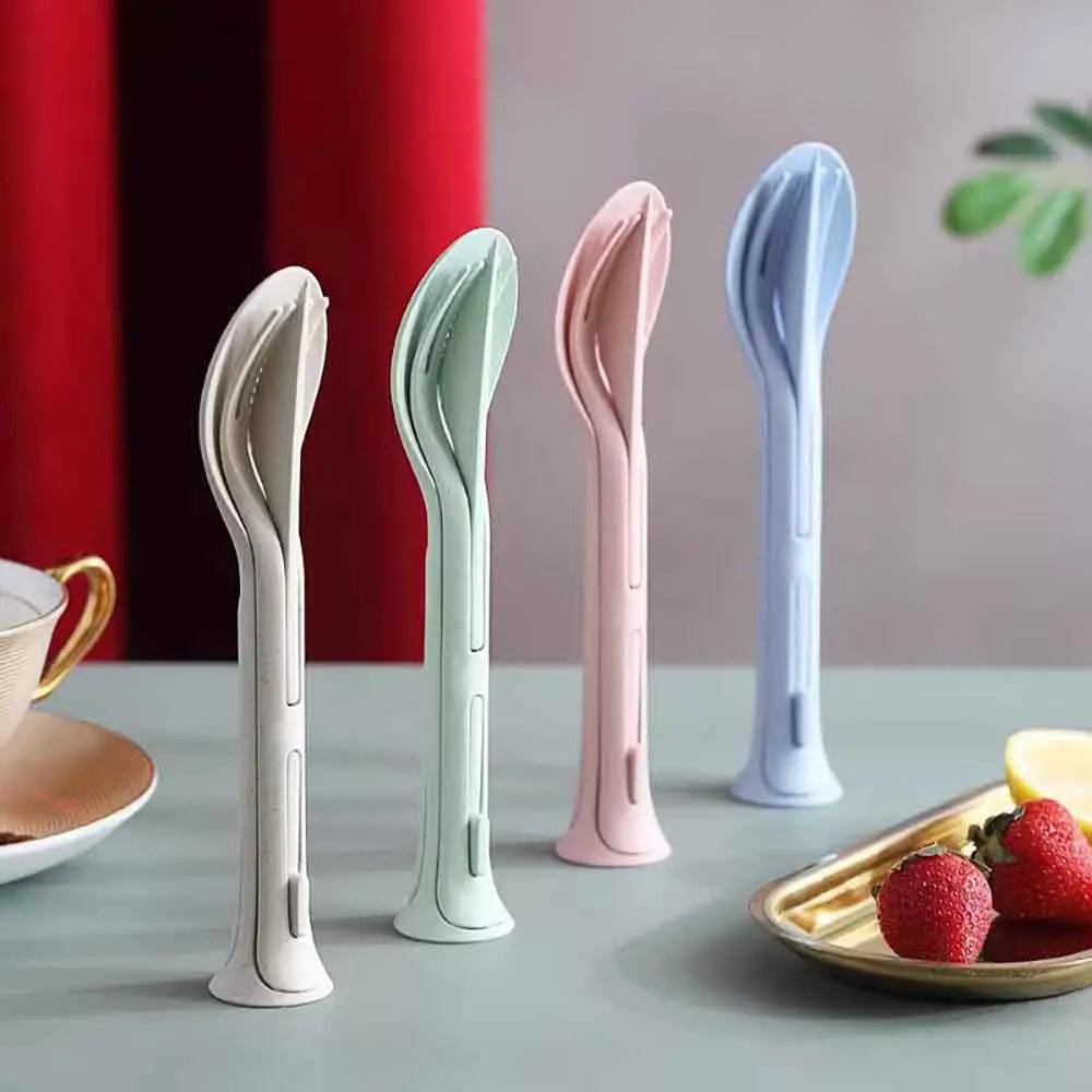 Camping 3PCS Portable Tableware Set Wheat Straw Dinnerware Detachable Cutlery Travel Tableware Picnic Dinnerware Set