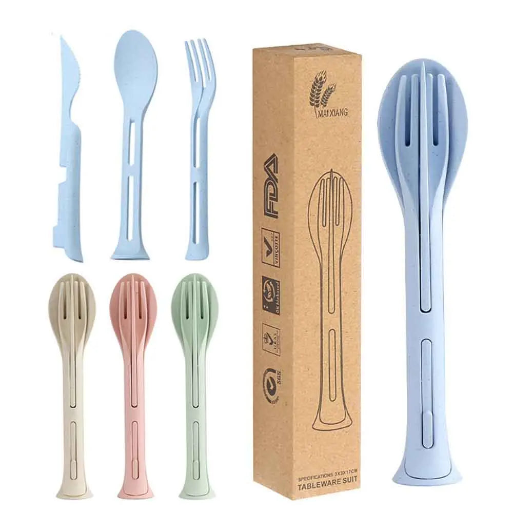 Camping 3PCS Portable Tableware Set Wheat Straw Dinnerware Detachable Cutlery Travel Tableware Picnic Dinnerware Set