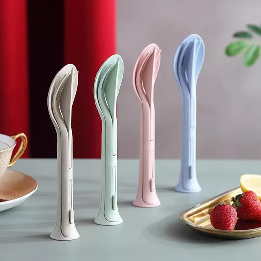 Camping 3PCS Portable Tableware Set Wheat Straw Dinnerware Detachable Cutlery Travel Tableware Picnic Dinnerware Set