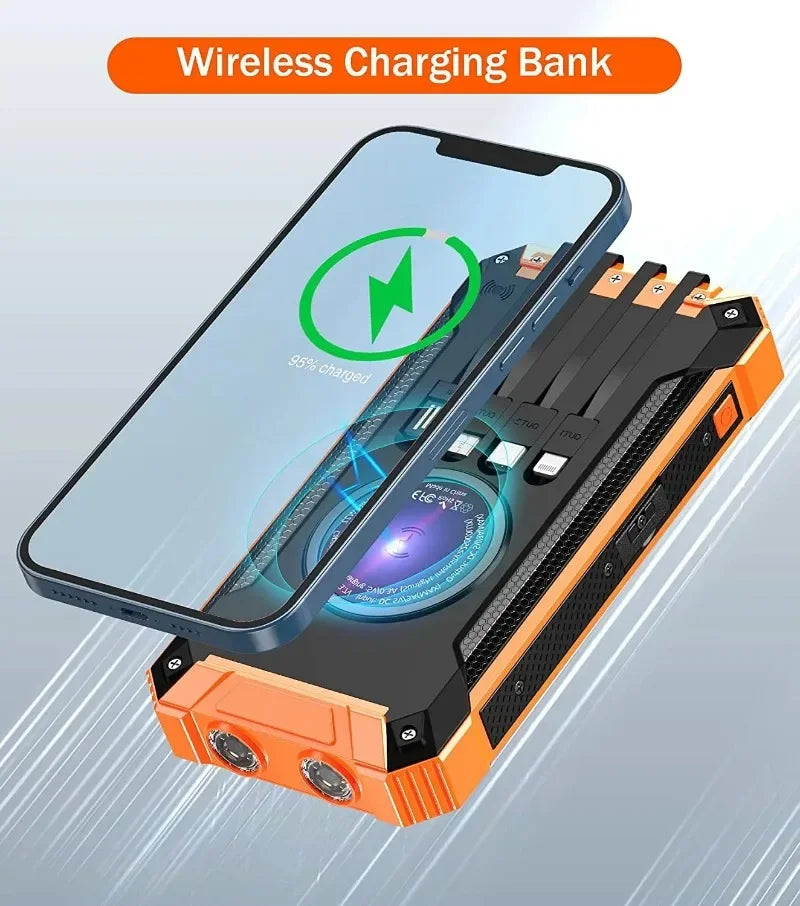 Waterproof Outdoor Solar Battery Power Bank Big Capacity 20000Mah 30000mah Emergency Wireless Power Banks with 4 Lines Universal
