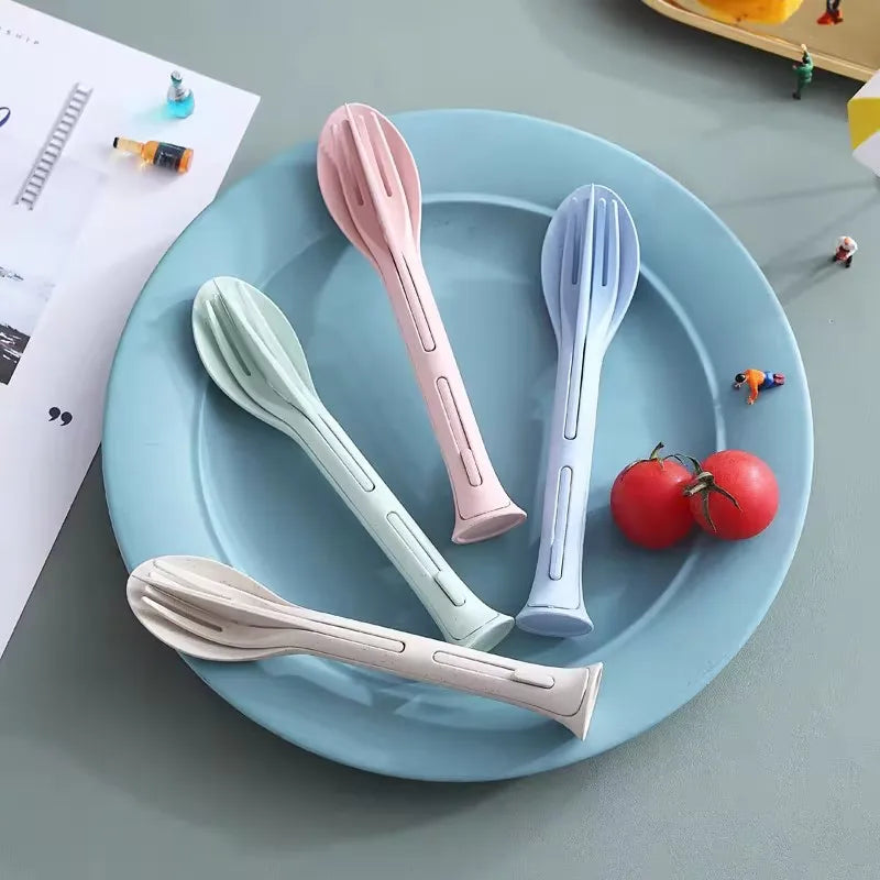 Camping 3PCS Portable Tableware Set Wheat Straw Dinnerware Detachable Cutlery Travel Tableware Picnic Dinnerware Set