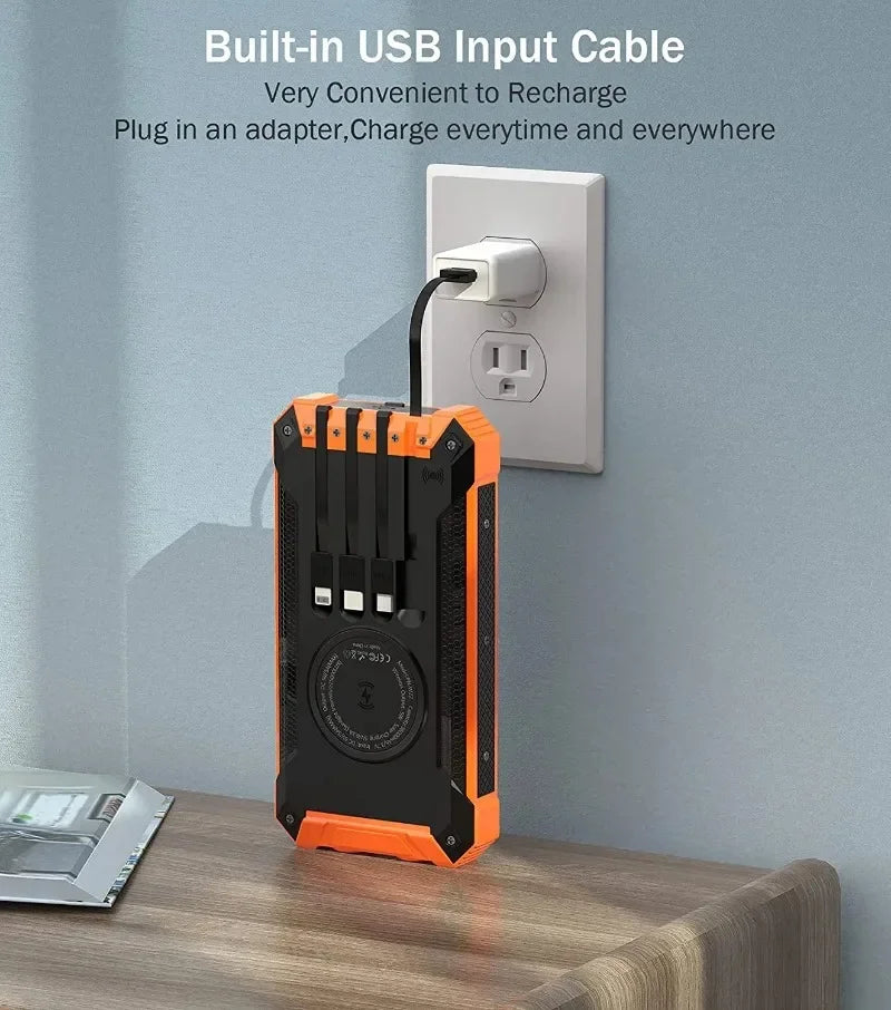 Waterproof Outdoor Solar Battery Power Bank Big Capacity 20000Mah 30000mah Emergency Wireless Power Banks with 4 Lines Universal
