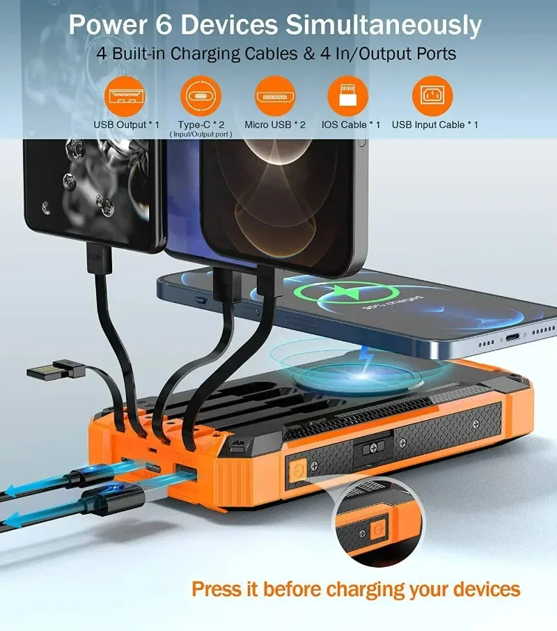 Waterproof Outdoor Solar Battery Power Bank Big Capacity 20000Mah 30000mah Emergency Wireless Power Banks with 4 Lines Universal